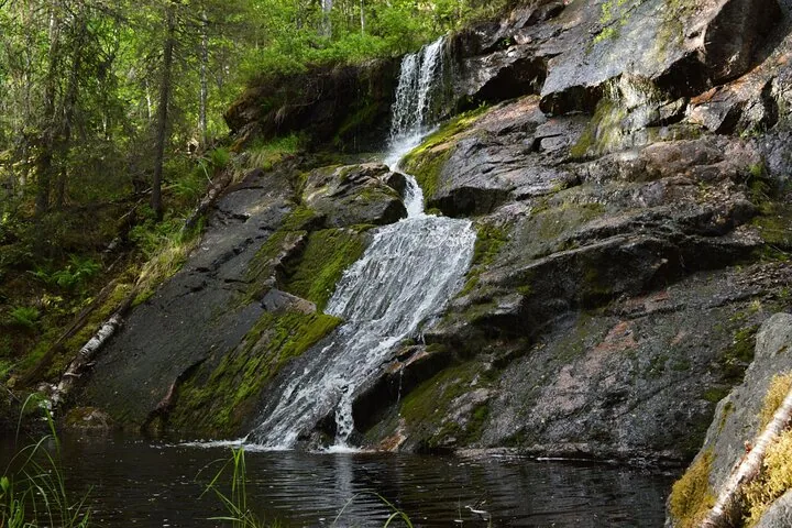 A side-stream pouring down dark moss-covered rock into a pool on the floor of Korouoma Canyon in summer
